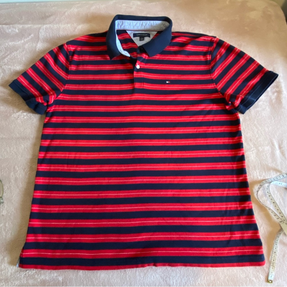 Tommy Hillfiger Men Red Black and White Stripes Short Sleeve Size XXL Polo